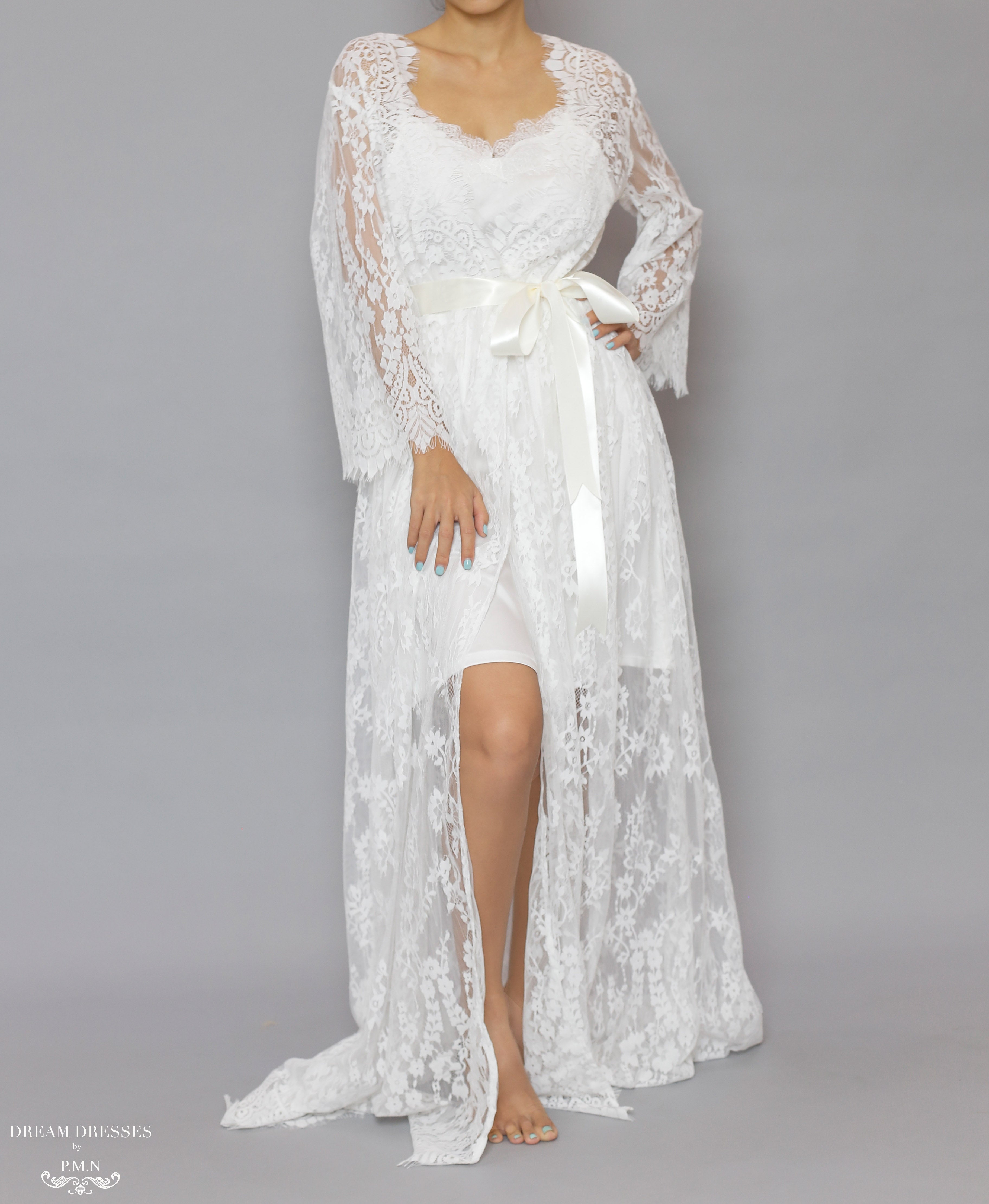 Long Bridal Lace Robe (#Laina)