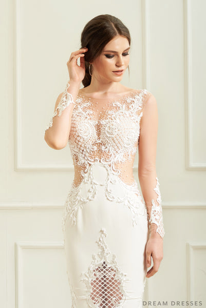 DreamDress By PMN Fit & Flare Wedding Dress Gown Illusion See Through Back Floral Embellishment Beaded Bodice Chapel Train | Size: Small