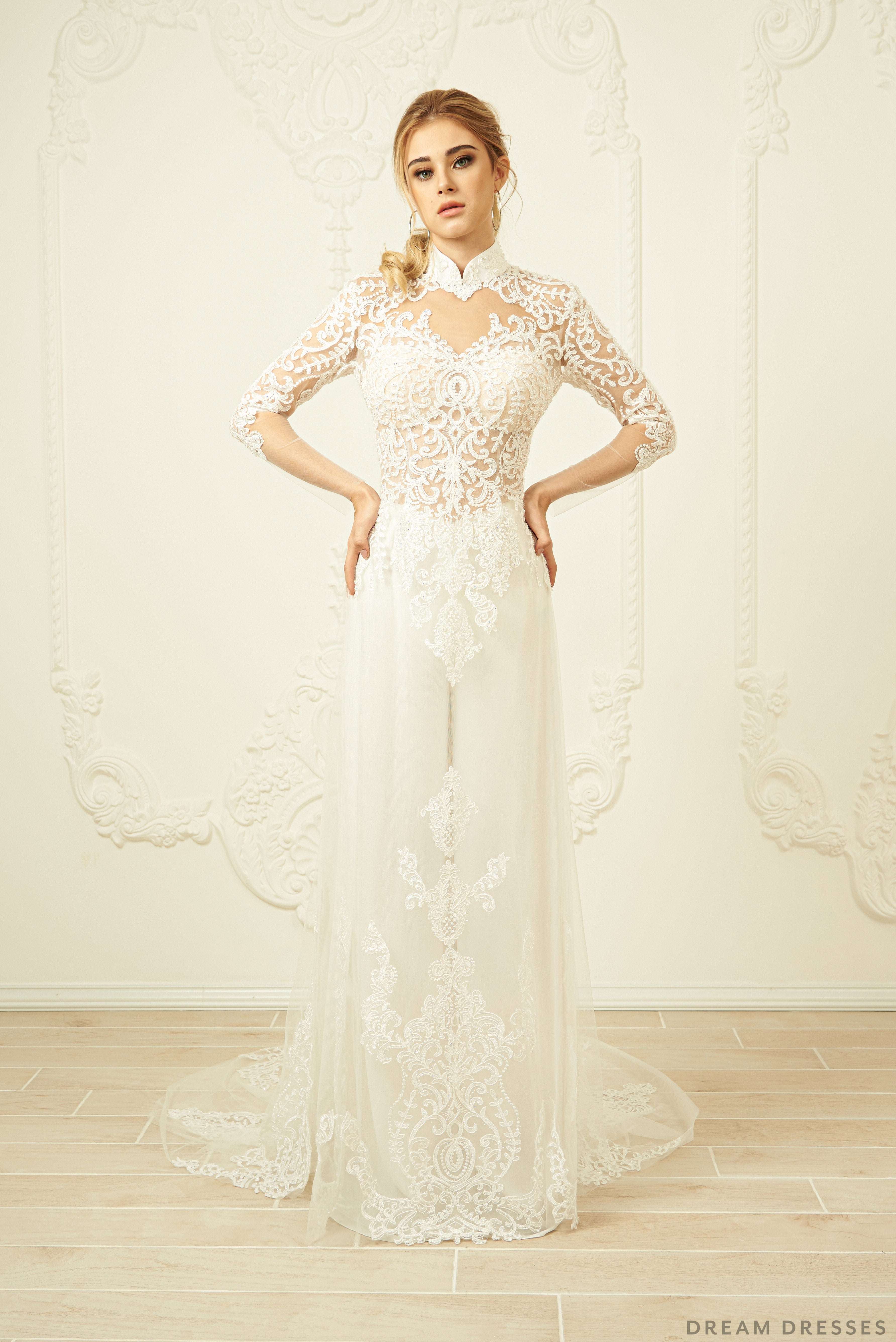 White Bridal Ao Dai | Modern Vietnamese Lace Bridal Dress (#FREYA)
