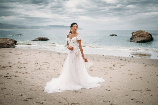 Lace Tulle Gown With Removable Off Shoulder (Style #PB192) - Dream Dresses by P.M.N
- 1