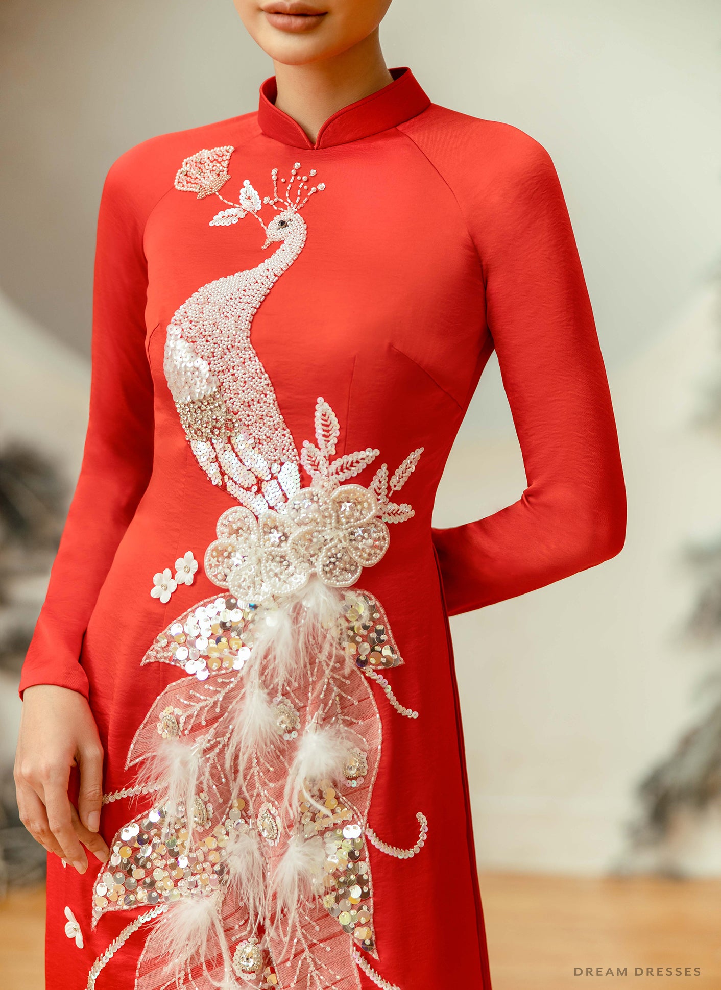 Red Bridal Ao Dai | Vietnamese Traditional Bridal Dress with Embellishments (#MONALISA)