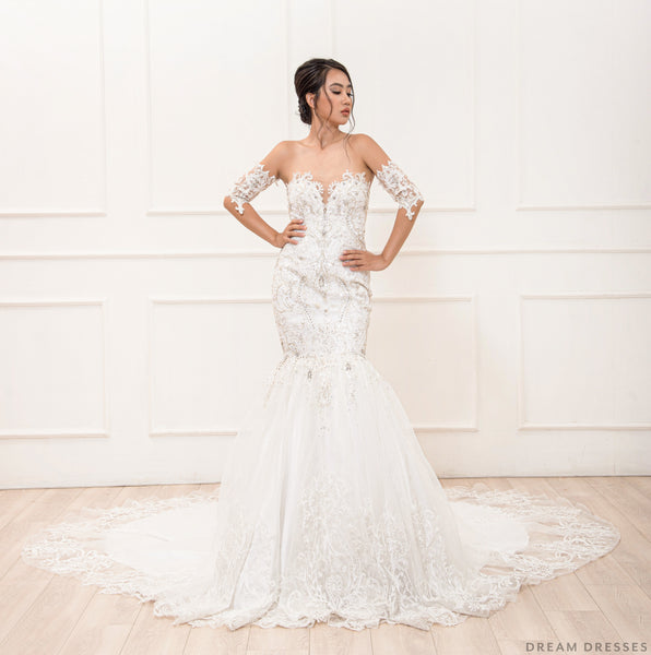 DreamDress By PMN Mermaid Wedding Dress Gown Plunging Strapless Rhinestone Crystals Floral Embellishment Fully Beaded Cathedral Train | Size: Large DreamDress By PMN Mermaid Wedding Dress Gown Plunging Strapless Rhinestone Crystals Floral Embellishment Fully Beaded Cathedral Train | Size: Large