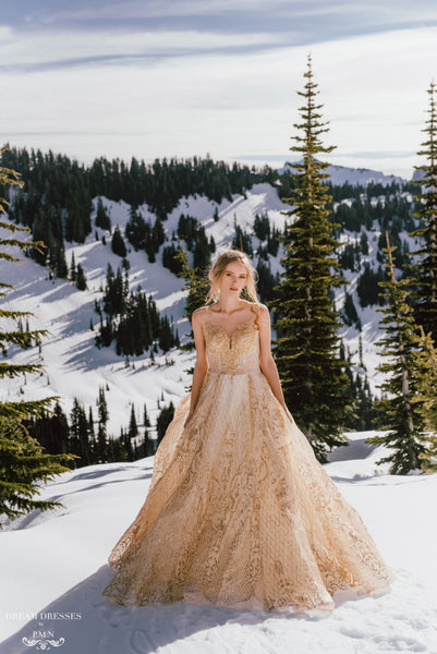 DreamDress By PMN Theia Gold Ball Wedding Dress Gown Illusion Neckline Embellishment Sheer Bodice Sleeveless Chapel Train Glitter | Size: Custom DreamDress By PMN Theia Gold Ball Wedding Dress Gown Illusion Neckline Embellishment Sheer Bodice Sleeveless Chapel Train Glitter | Size: Custom