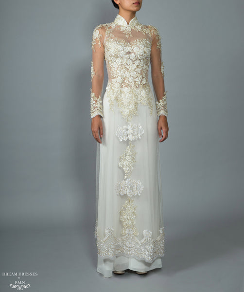 Dream Dresses by P.M.N. White Bridal AO Dai | Vietnamese Traditional Bridal Dress with Gold Lace (#JIAYI) 16