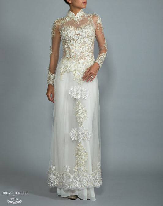 White Bridal Ao Dai | Custom Made Vietnamese Bridal Dress (#NADINE) - Dream Dresses by P.M.N.