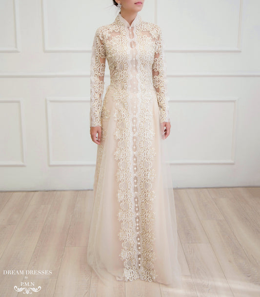 Beige Bridal Ao Dai | Vietnamese Lace Bridal Dress (#NIAH) - Dream Dresses by P.M.N.