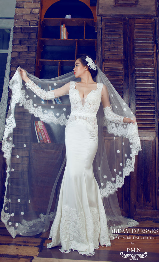 Long Sleeve Silk Wedding Dress (#PB091) - Dream Dresses by P.M.N
- 1