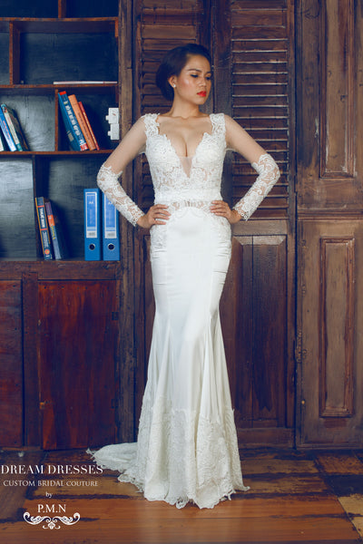 DreamDress By PMN Mermaid Wedding Dress Gown Deep V-Neck Cut Out Back Floral Embellishments Illusion Beaded Lace Appliqu Sleeves | Size: Custom