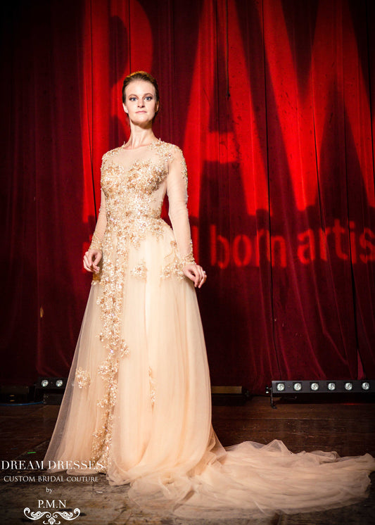 Gold Long Sleeve A-Line Tulle Gown (Style # PB097A) - Dream Dresses by P.M.N
- 1