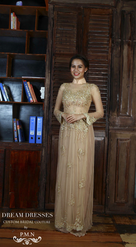 Champagne Ao Dai-Custom Made Vietnamese Bridal Dress (#PB103) - Dream Dresses by P.M.N
- 1