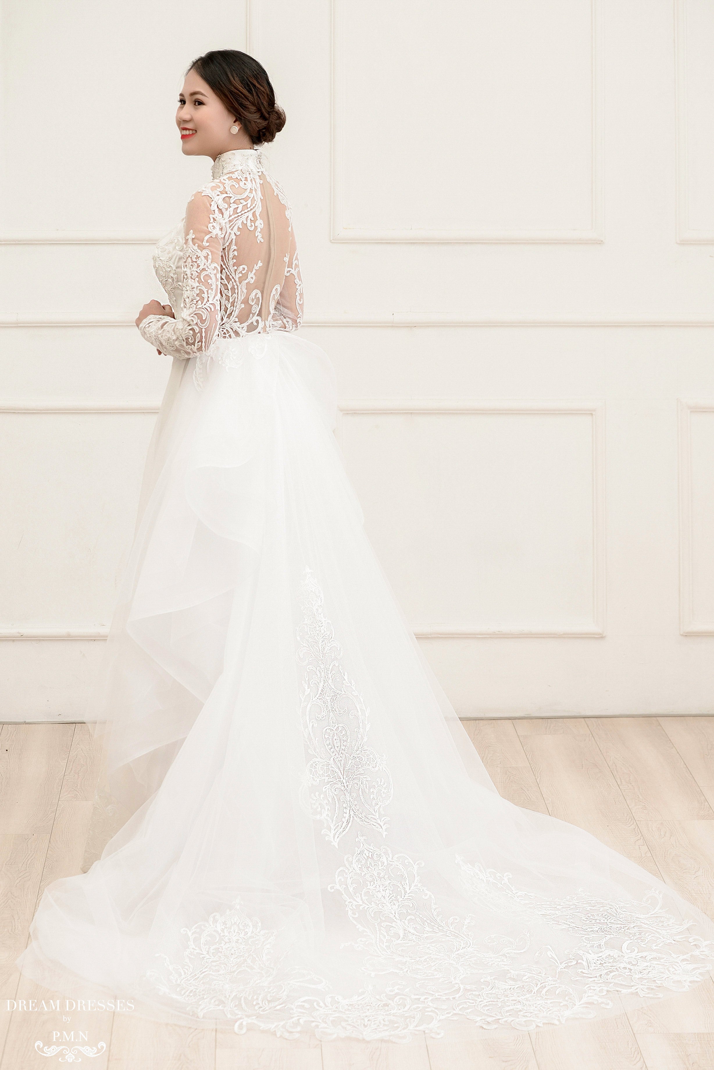 White Bridal Ao Dai | Modern Vietnamese Lace Bridal Dress (#PAIGE)