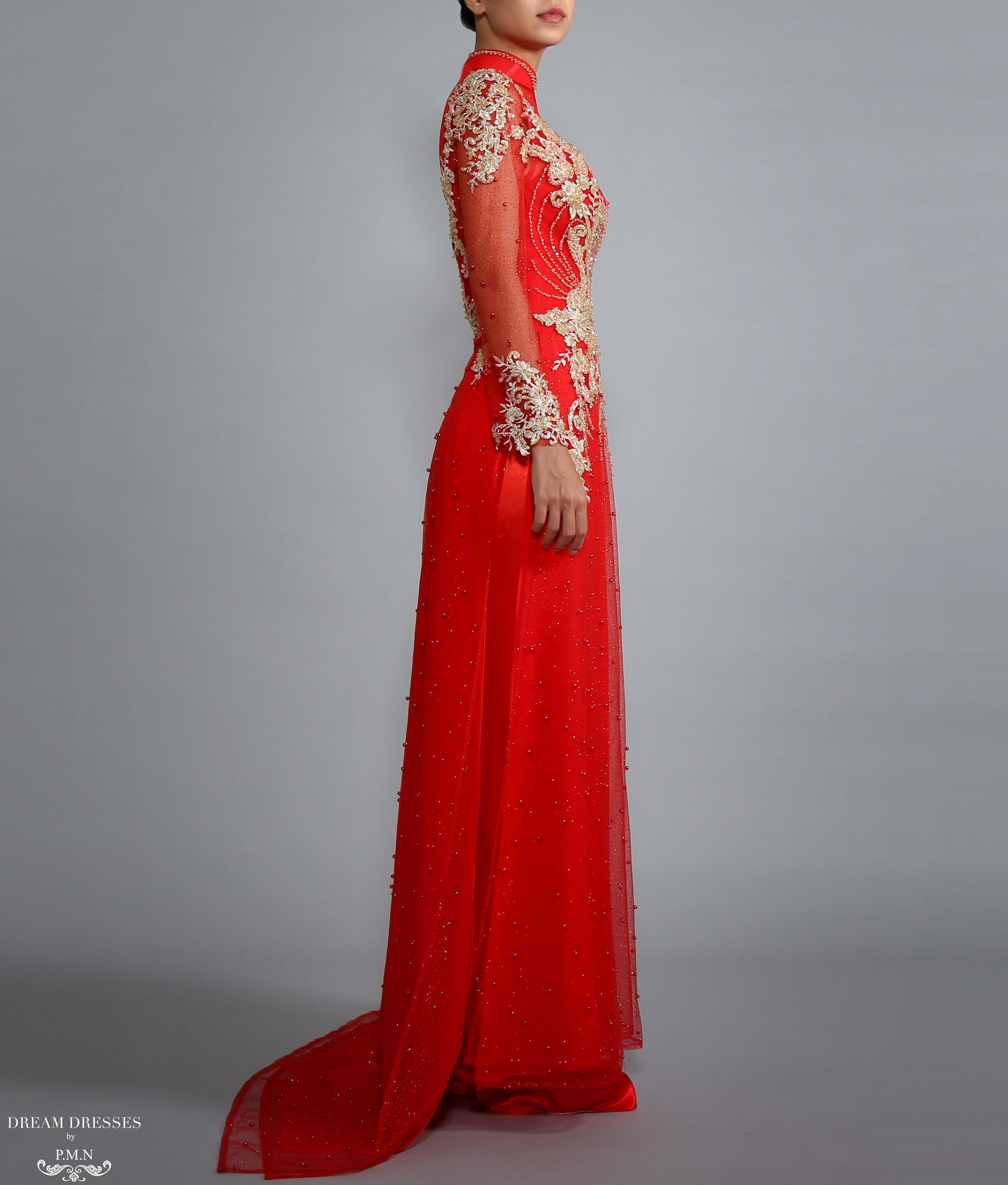 Red Ao Dai with Gold Lace | Vietnamese Lace Bridal Dress (#RAISSA)