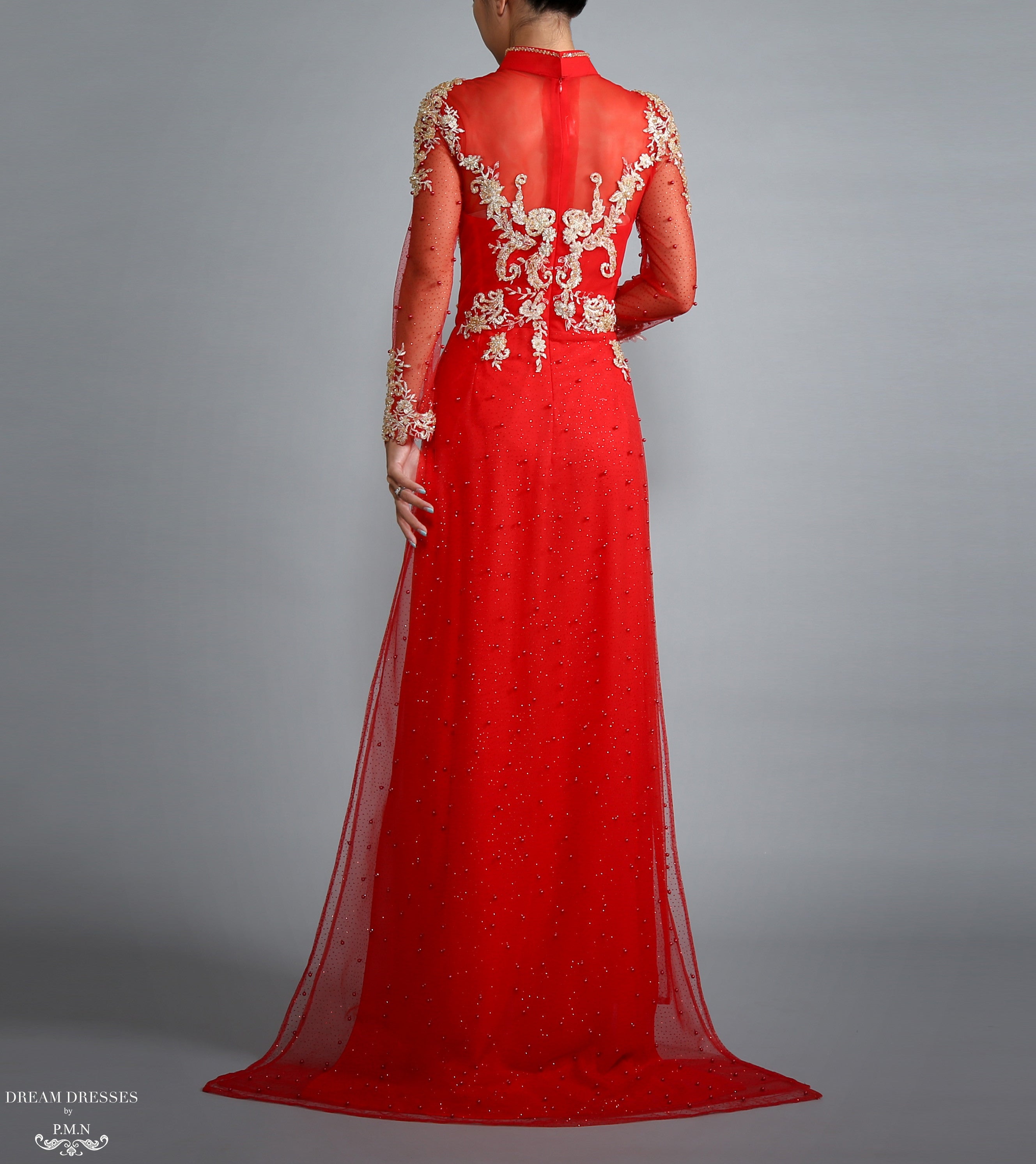 Red Ao Dai with Gold Lace | Vietnamese Lace Bridal Dress (#RAISSA)