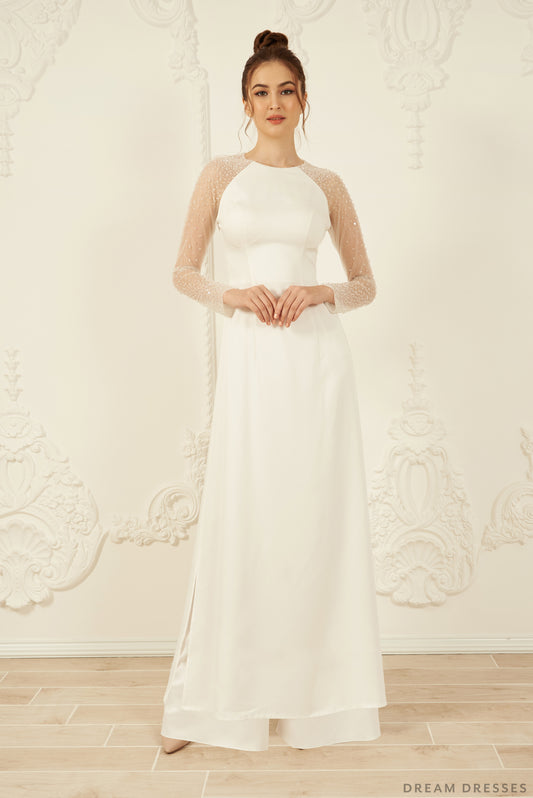 White Bridal Ao Dai | Long Sleeves Vietnamese Bridal Dress (#ROSETA) - Dream Dresses by P.M.N.