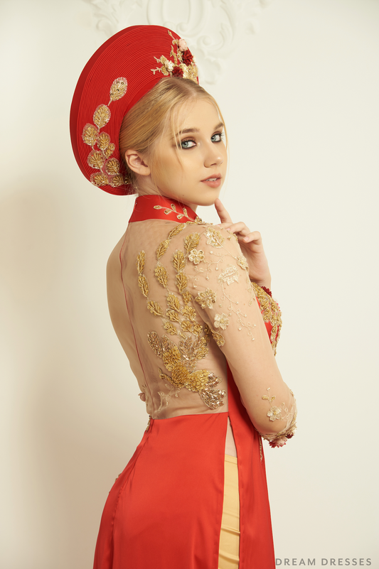 Red and Gold Ao Dai Hat | Vietnamese Bridal Hat (#GIOIA) - Dream Dresses by P.M.N.