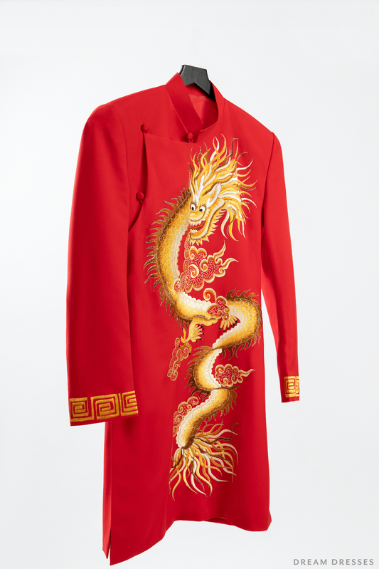 Red and Gold Groom Jacket with Dragon Embroidery| Vietnamese Groom Ao Dai (#Long) - Dream Dresses by P.M.N.