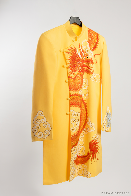 Yellow Groom Ao Dai Jacket | Hand-Painted Dragon Vietnamese Ao Dai (#An) - Dream Dresses by P.M.N.