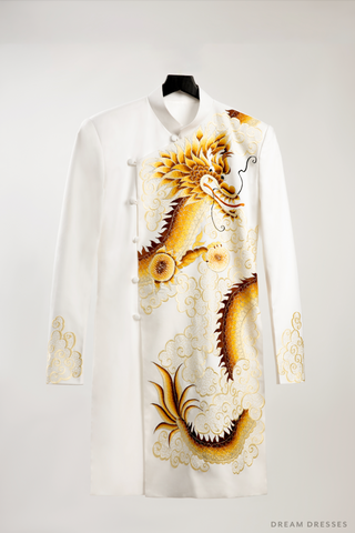 White Groom Ao Dai Jacket with Dragon Embroidery | Vietnamese Ao Dai (#Han)