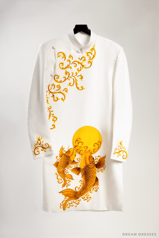 White Groom Ao Dai Jacket | Hand-Painted Vietnamese Ao Dai (#Zhen) - Dream Dresses by P.M.N.