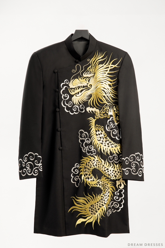 Black Groom Ao Dai Jacket with Dragon Embroidery | Vietnamese Ao Dai (#Shin) - Dream Dresses by P.M.N.