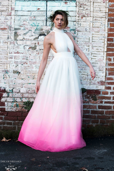 ombre wedding dress DreamDress By PMN Joie A-Line Blush Pink Wedding Dress Gown Halter Neck Cut Out In Front Pleated Bodice | Size: Custom