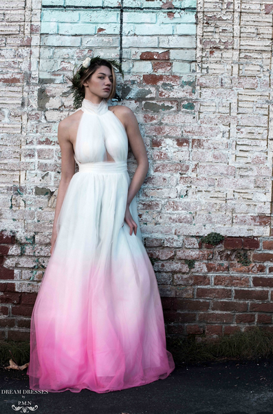 DreamDress By PMN Joie A-Line Blush Pink Wedding Dress Gown Halter Neck Cut Out In Front Pleated Bodice | Size: Custom | Color: White DreamDress By PMN Joie A-Line Blush Pink Wedding Dress Gown Halter Neck Cut Out In Front Pleated Bodice | Size: Custom | Color: White