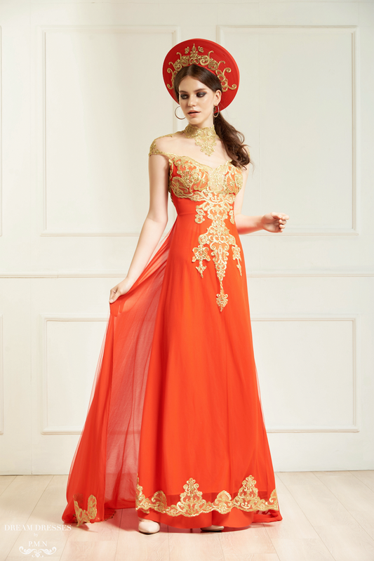 Red Bridal Ao Dai with Gold Lace | Vietnamese Bridal Dress (#KAROLIA) - Dream Dresses by P.M.N.