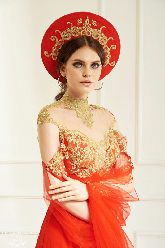 Red and Gold Ao Dai Hat | Vietnamese Bridal Hat (#KARA) - Dream Dresses by P.M.N.