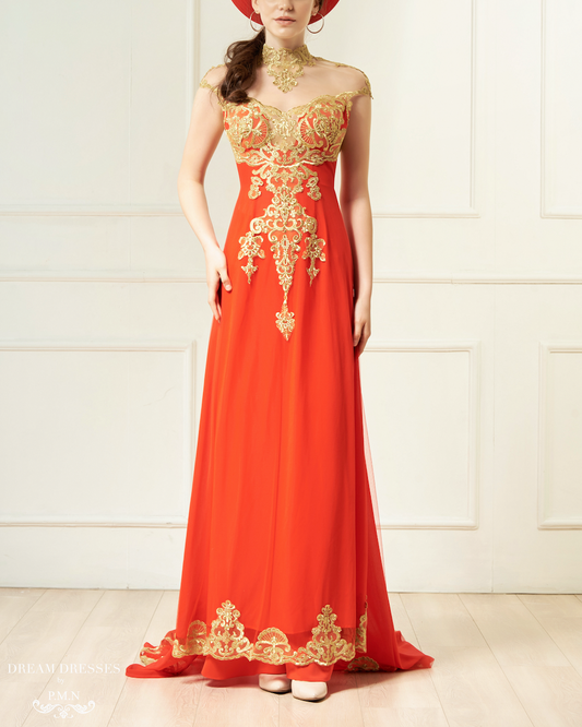 Red Bridal Ao Dai with Gold Lace | Vietnamese Bridal Dress (#KAROLIA) - Dream Dresses by P.M.N.