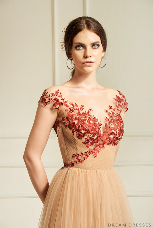 Nude Wedding Gown with Red Lace (#Aida ) - Dream Dresses by P.M.N.