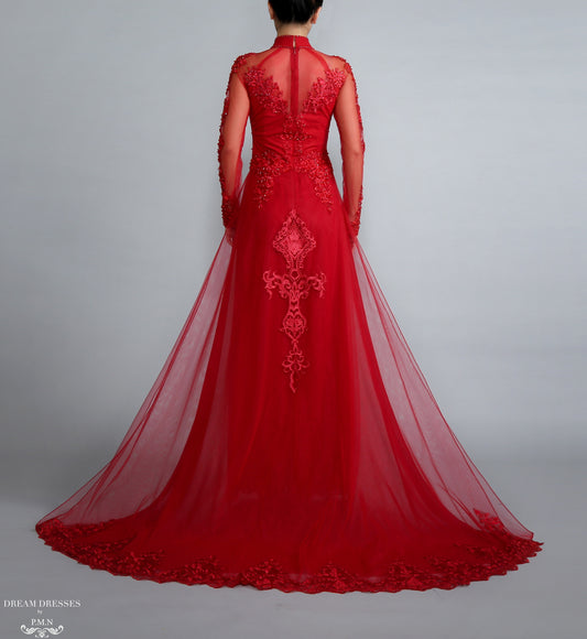 Red Bridal Ao Dai | Vietnamese Lace Bridal Dress (#TALIN) - Dream Dresses by P.M.N.