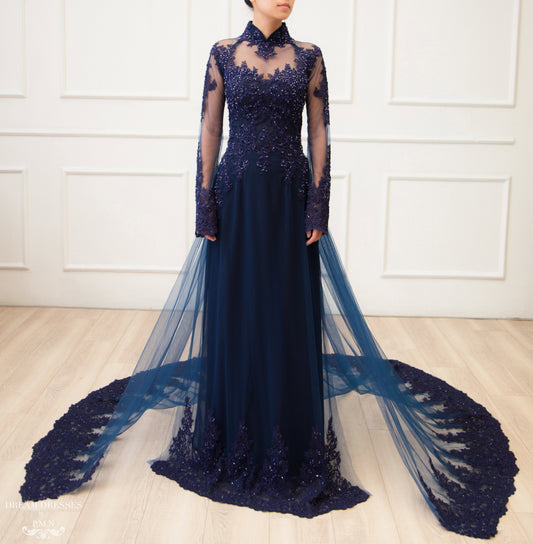Navy Ao Dai | Vietnamese Lace Bridal Dress (#TERESA) - Dream Dresses by P.M.N.
