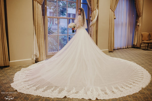 DreamDress By PMN Tessa Wedding Train Detachable 4 Layers Of Tulle Underneath Lace Trim Around The Bottom | Size: Cathedral | Color: True White DreamDress By PMN Tessa Wedding Train Detachable 4 Layers Of Tulle Underneath Lace Trim Around The Bottom | Size: Cathedral | Color: True White