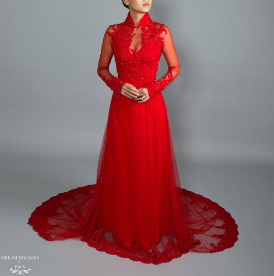 Red Bridal Ao Dai | Vietnamese Lace Bridal Dress (#VIONA) - Dream Dresses by P.M.N.