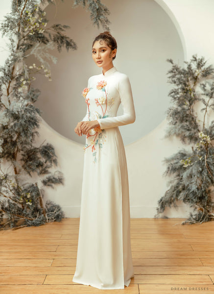 DreamDress By PMN Zinnia Ao Dai Inspired Wedding Dress Gown White Classic Beadings Floral Embellishment Long Sleeves White Satin Pant