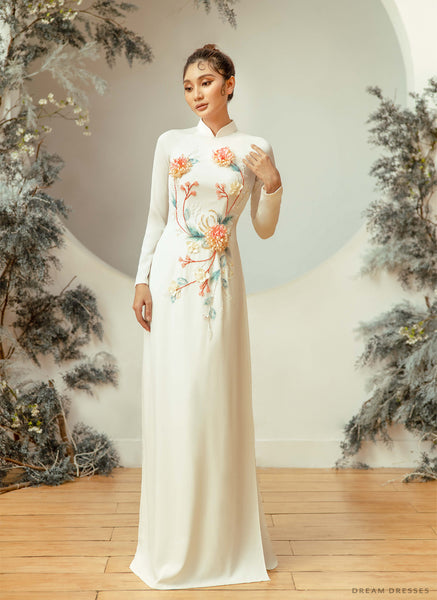 White Bridal Ao Dai  Embellished Vietnamese Traditional Bridal