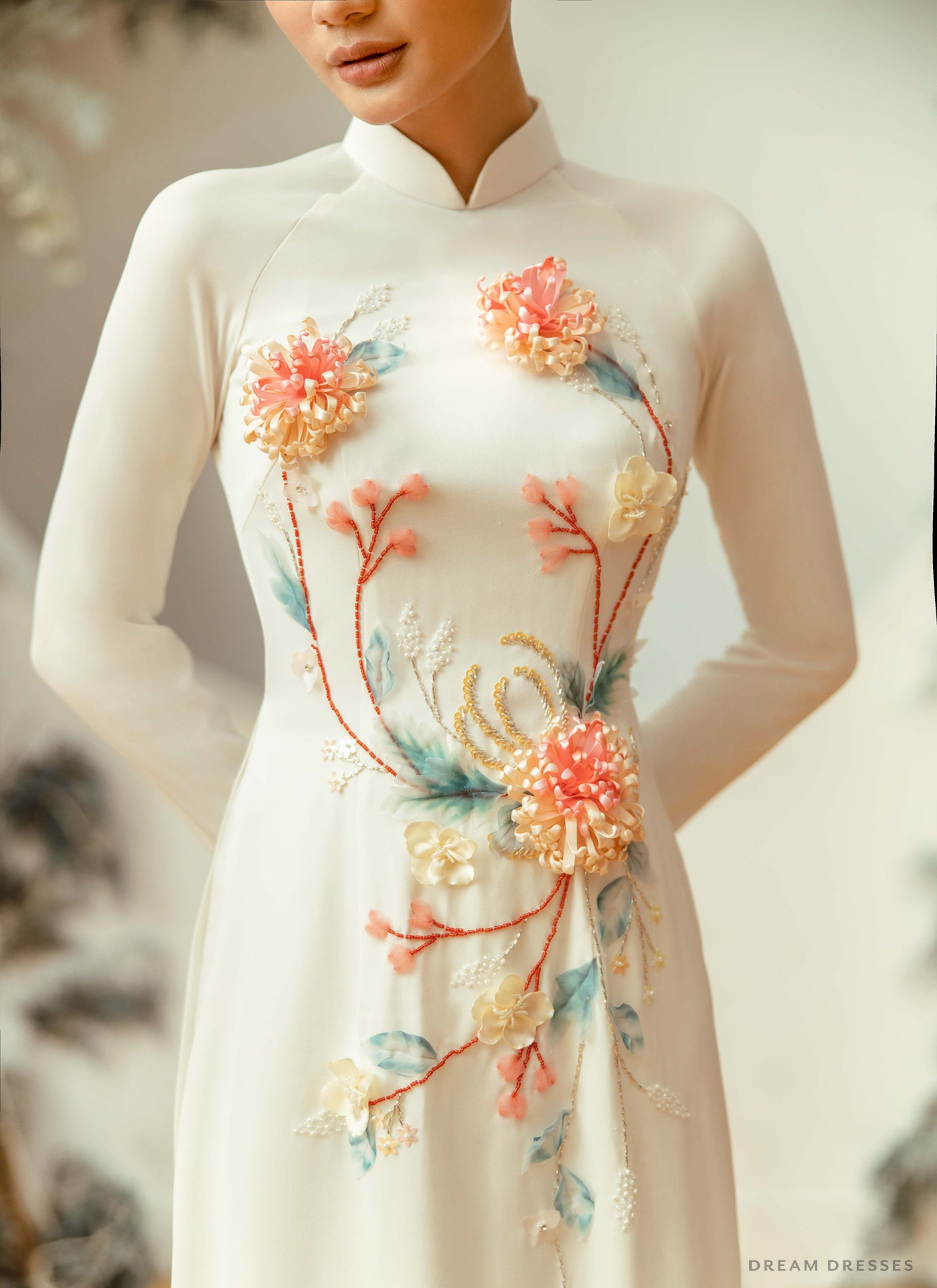 White Bridal Ao Dai | Embellished Vietnamese Traditional Bridal Dress (#ZINNIA)