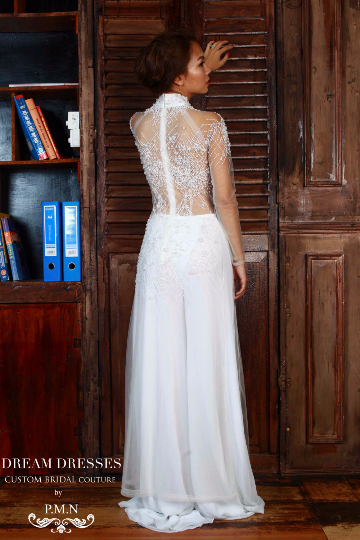 White Bridal Ao Dai | Vietnamese Bridal Dress with Hand-Beading (#ELYSE)