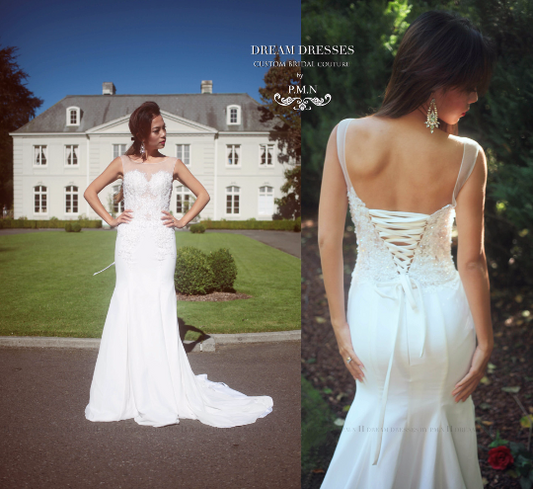 SAMPLE SALE/ Fit-n-Flare Wedding Dress With Illusion Neckline - Dream Dresses by P.M.N
- 1