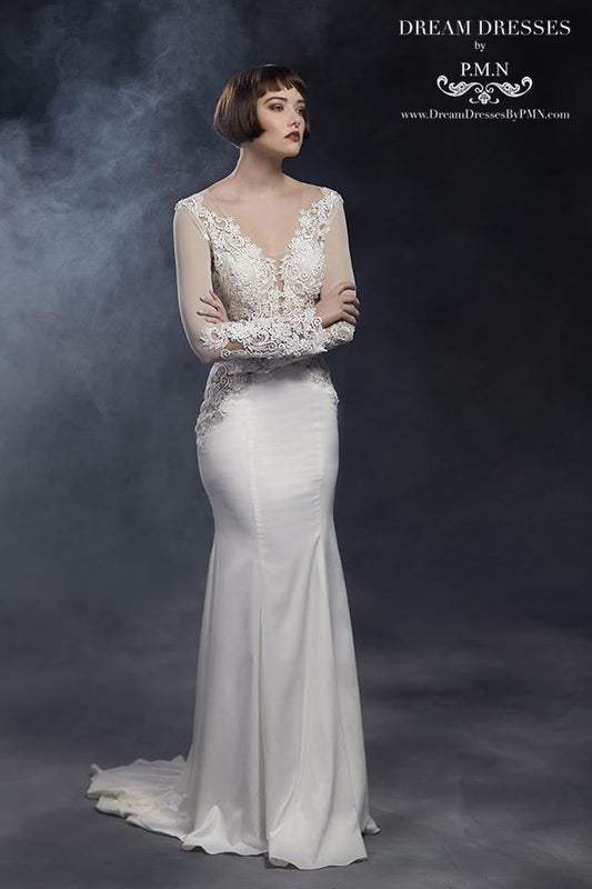 Long Sleeve Wedding Dress With Lace Top (#SS16101) - Dream Dresses by P.M.N
- 1