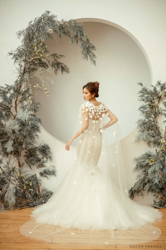 Bridal Cape Veil with 3D Floral Appliqué (#ORELLA) - Dream Dresses by P.M.N.