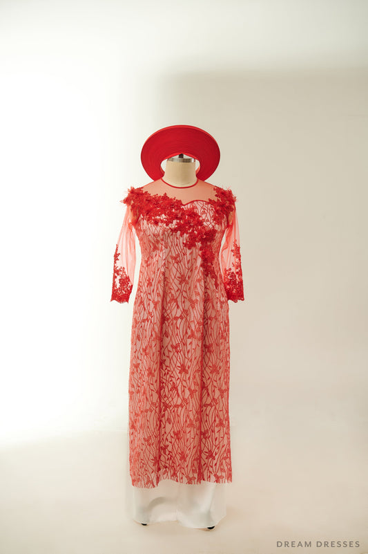 Red Lace Bridal Ao Dai | Lace Vietnamese Traditional Bridal Dress (#MAYLIN) - Dream Dresses by P.M.N.
