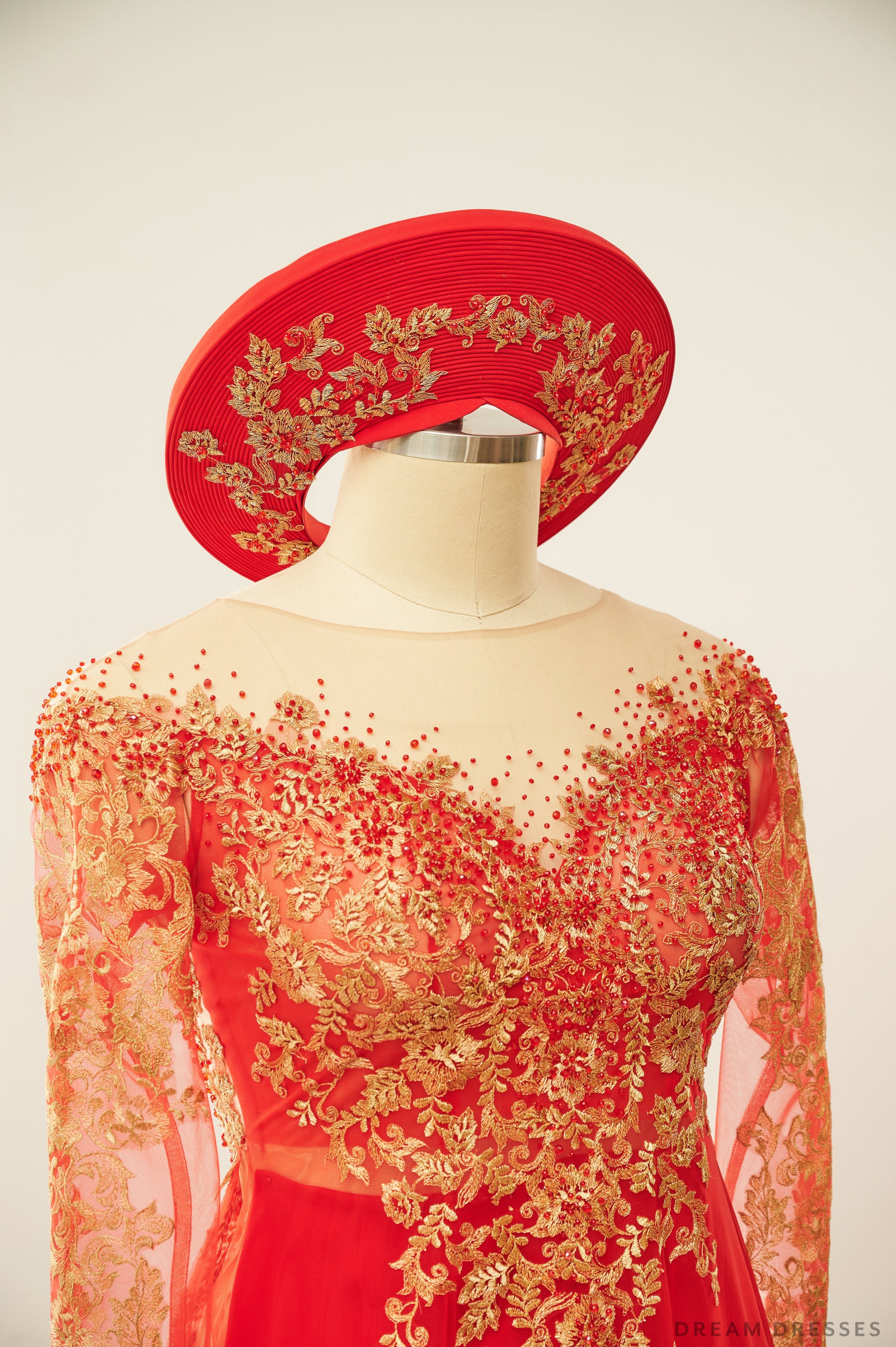 Red Bridal Ao Dai with Gold Lace | Vietnamese Bridal Dress (#FIORELLA)