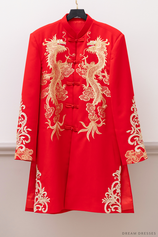 Red and Gold Groom Jacket with Dragon Embroidery| Red Chinese Tang Suit (#Khang) - Dream Dresses by P.M.N.