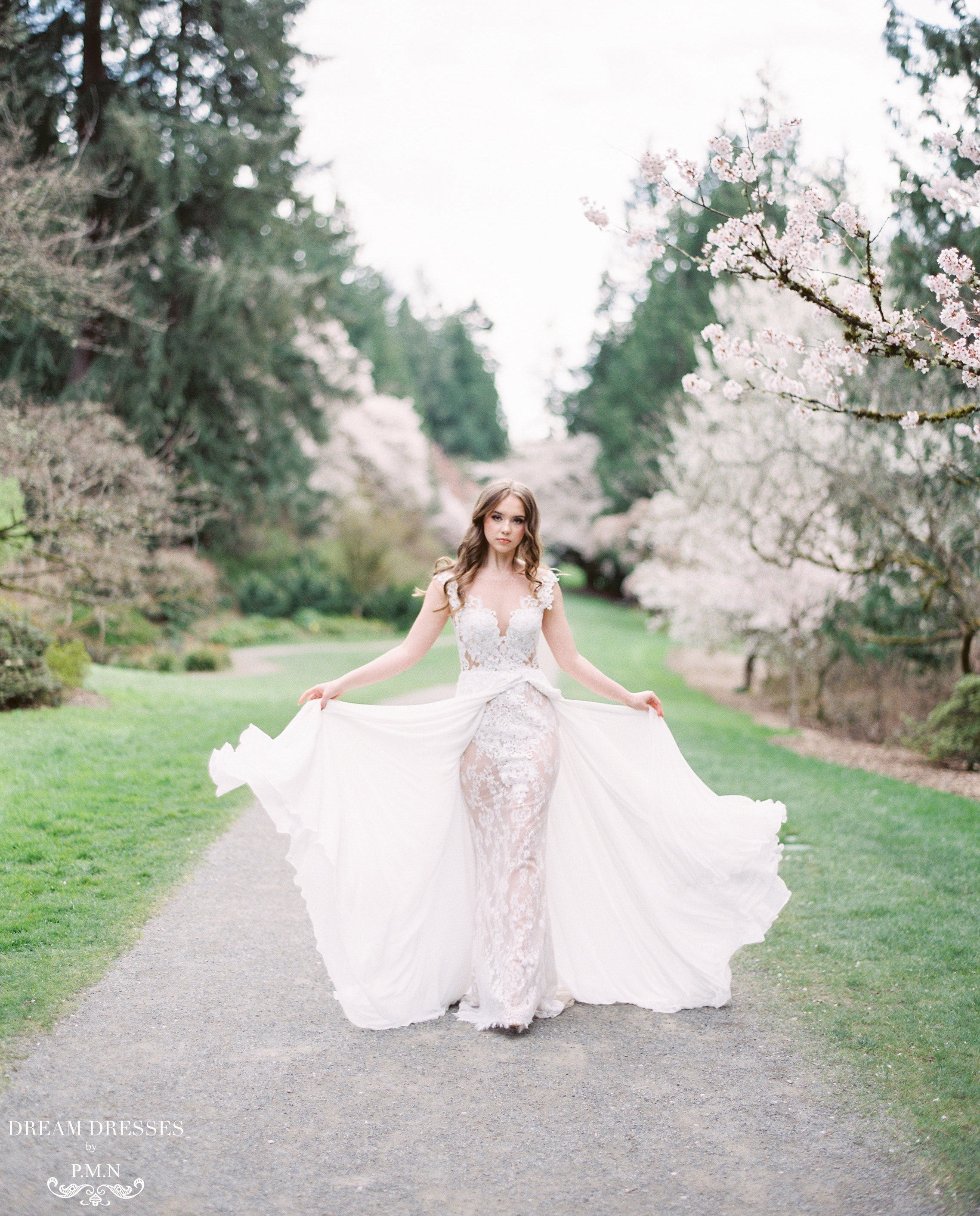 DreamDress By PMN Inaya A-Line Chiffon Wedding Dress Gown Illusion V-Neck Open Back Floral Embellishment Fitted Lace Skirt Underneath | Size: 22 DreamDress By PMN Inaya A-Line Chiffon Wedding Dress Gown Illusion V-Neck Open Back Floral Embellishment Fitted Lace Skirt Underneath | Size: 22