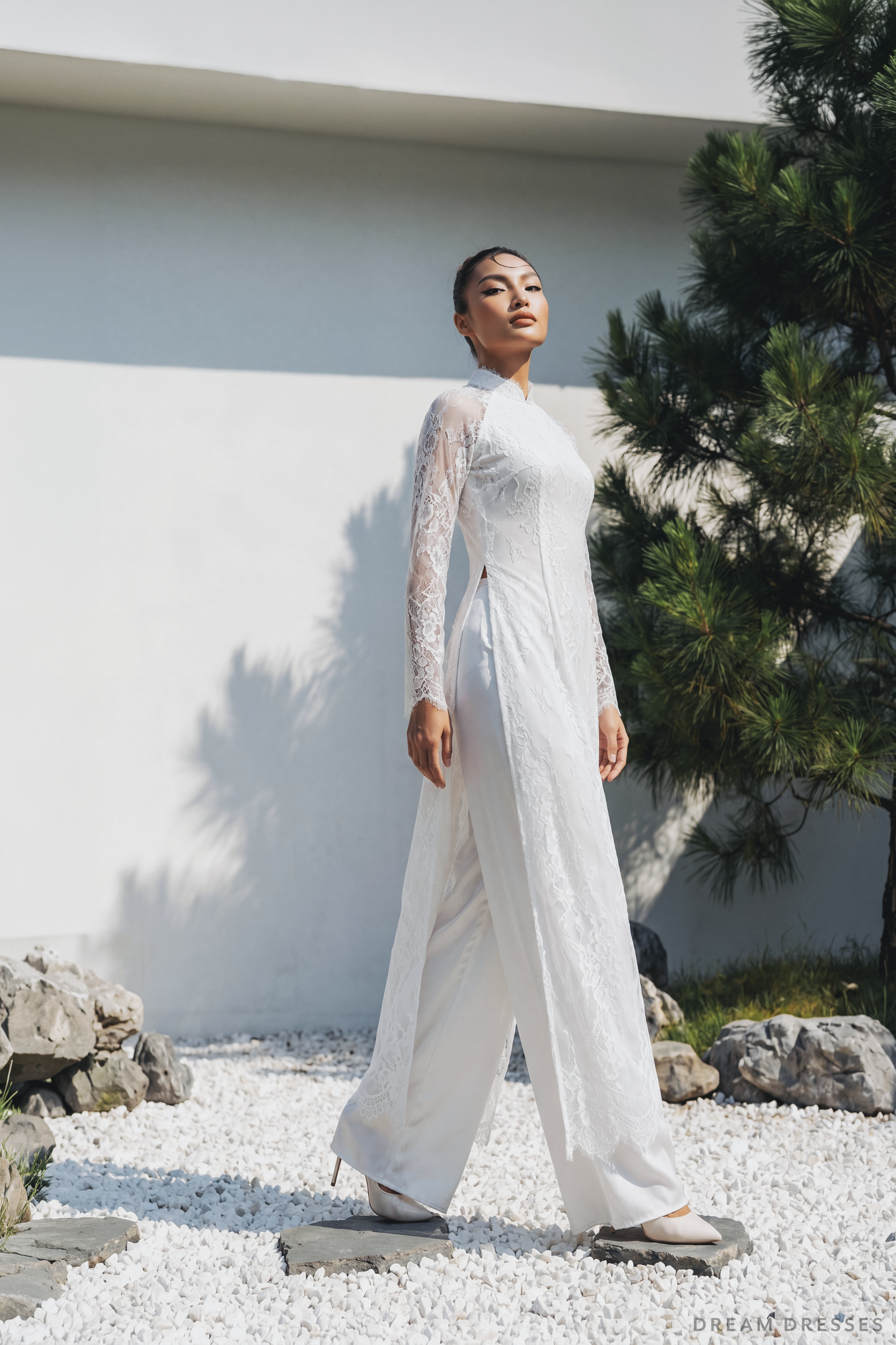 White Bridal Ao Dai | Vietnamese Traditional Bridal Dress with Couture Lace (#NGOC)