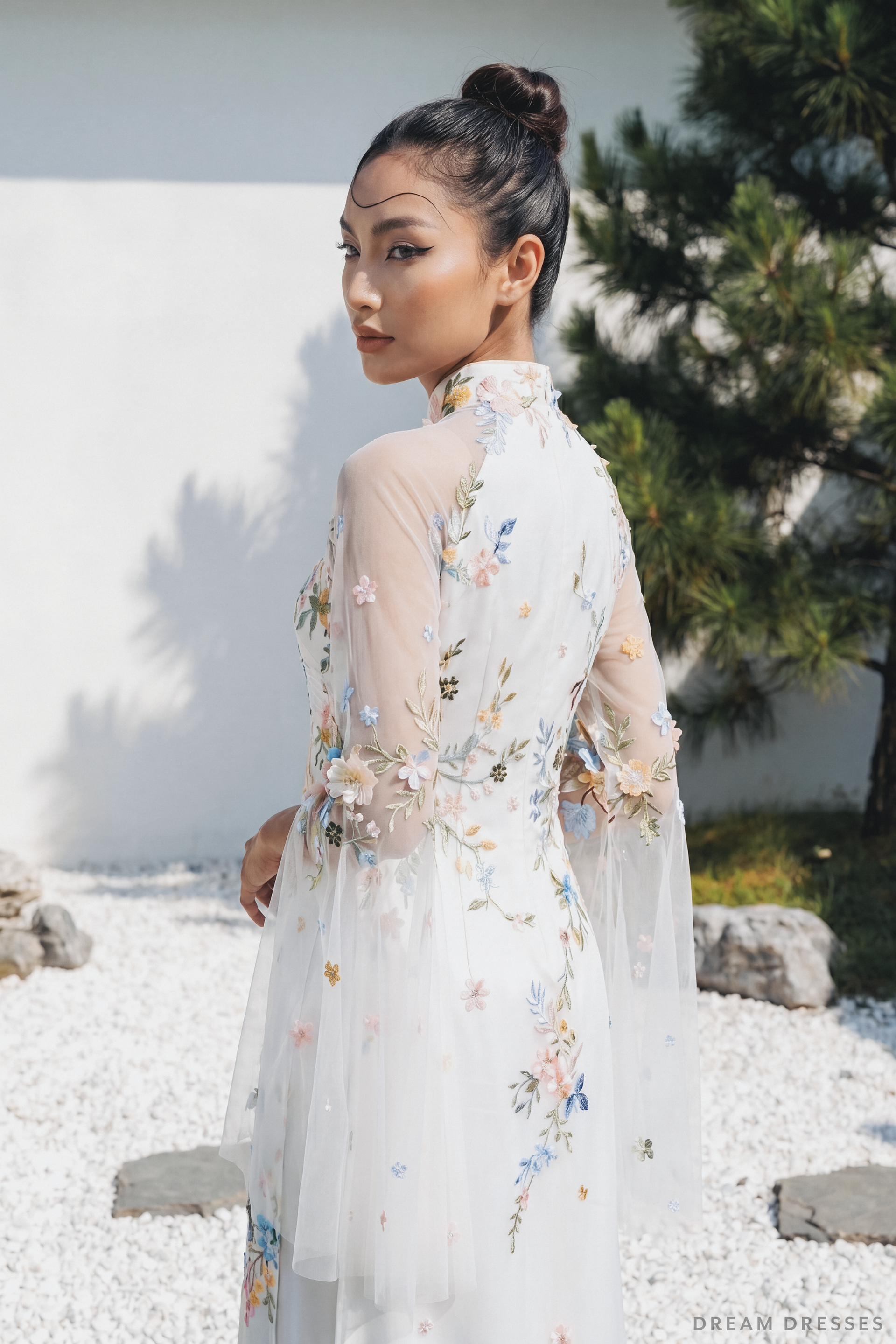 White Bridal Ao Dai with Colorful Embroidery (#XUAN) - Dream Dresses by P.M.N.