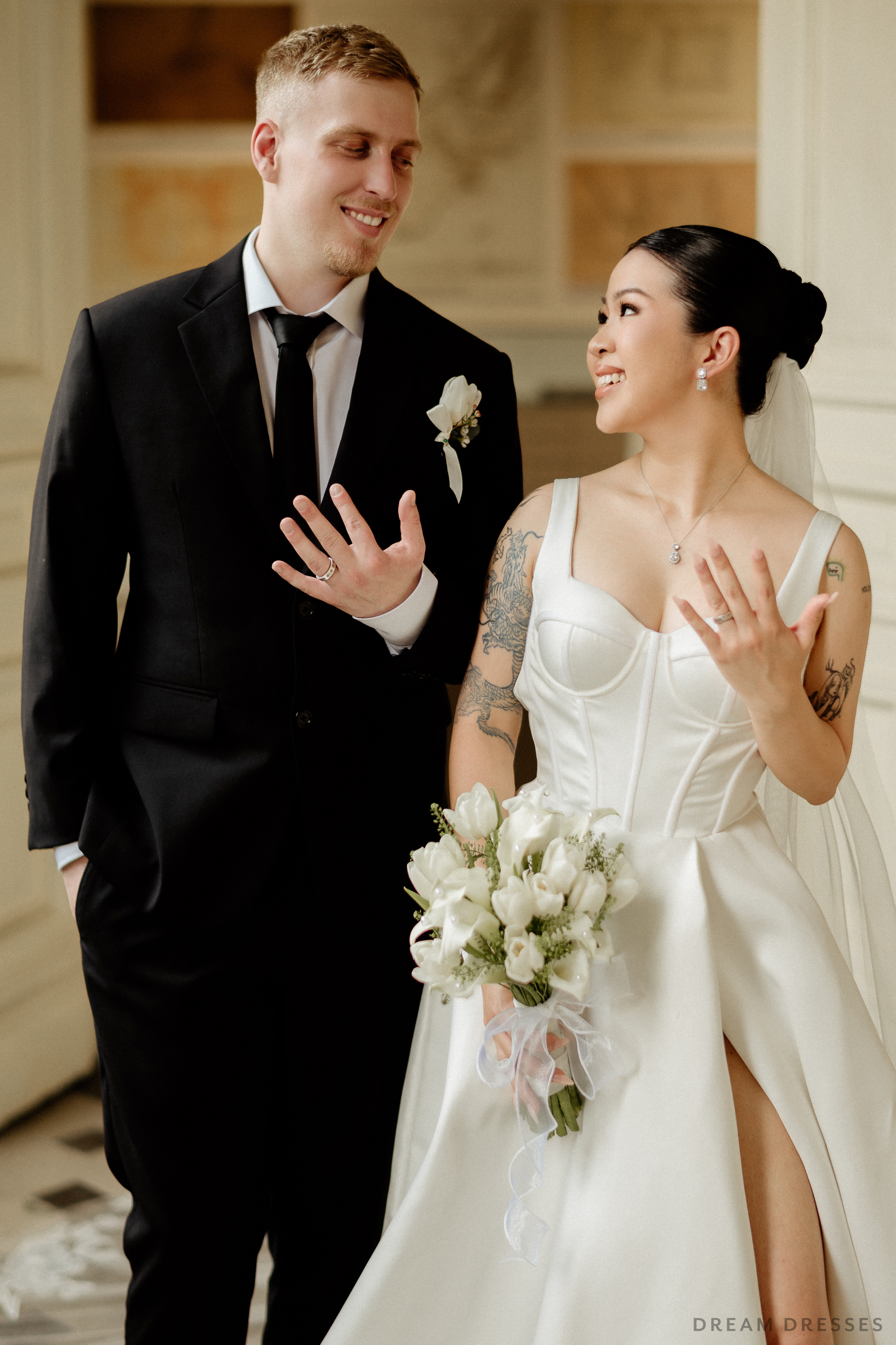 Satin Ball Gown Wedding Dress with High Slit  (#KHANHTIEN)