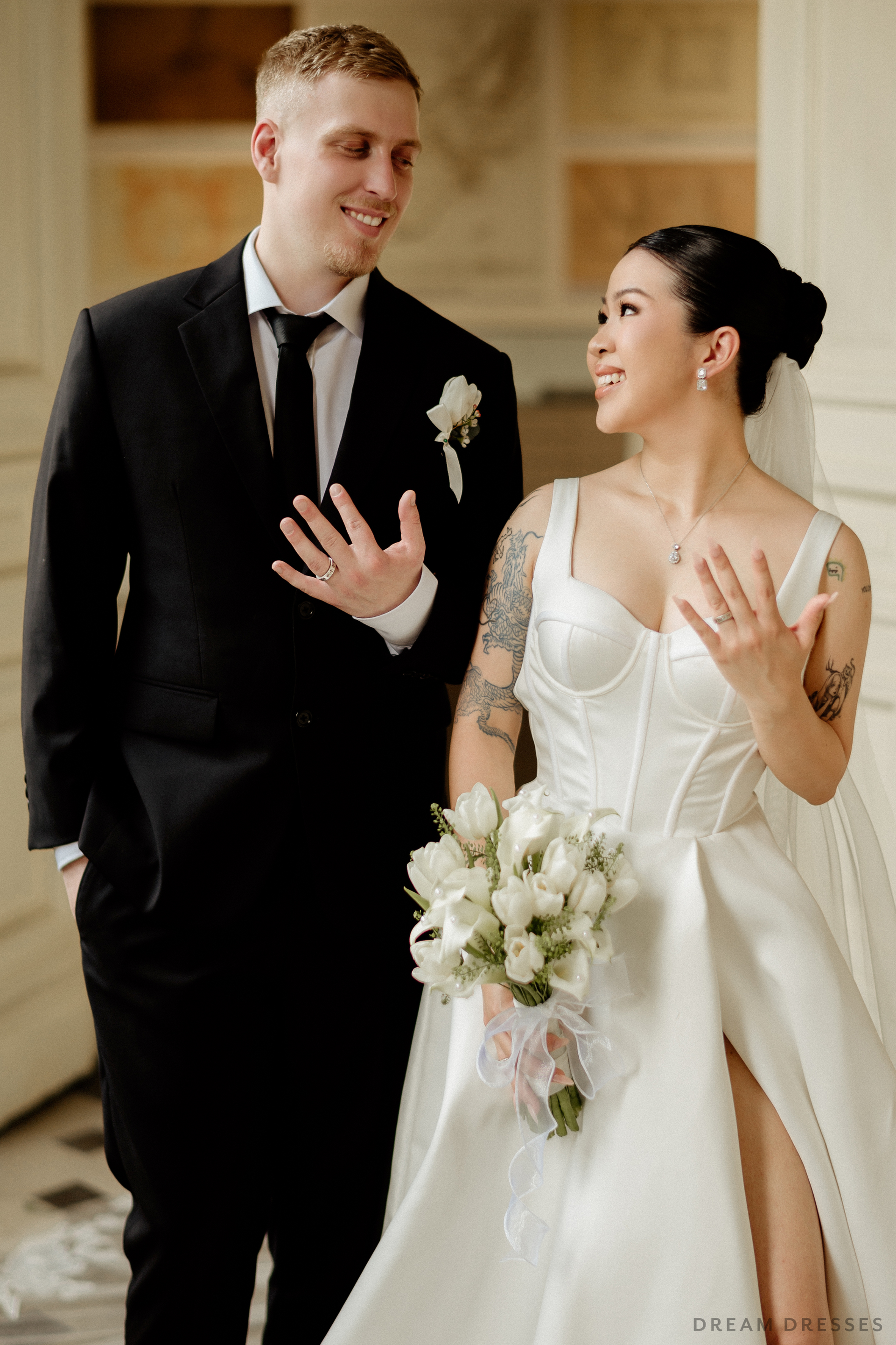 Satin Ball Gown Wedding Dress with High Slit  (#KHANHTIEN) - Dream Dresses by P.M.N.