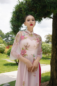Pink Modern Bridal Ao Dai | Traditional Vietnamese Bridal Dress with Couture Lace (#THALIA) - Dream Dresses by P.M.N.